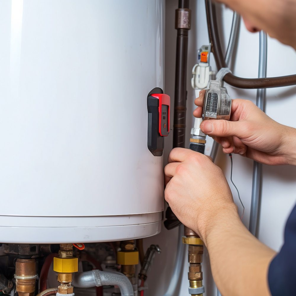 Hydraulic mechanic installer repairs an electric water heater in a house